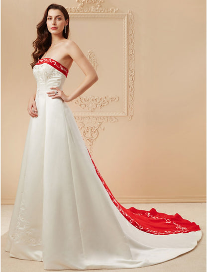 Open Back Wedding Dresses Sweep / Brush Train Ball Gown Strapless Strapless Satin With Embroidery Appliques Summer Bridal Gowns
