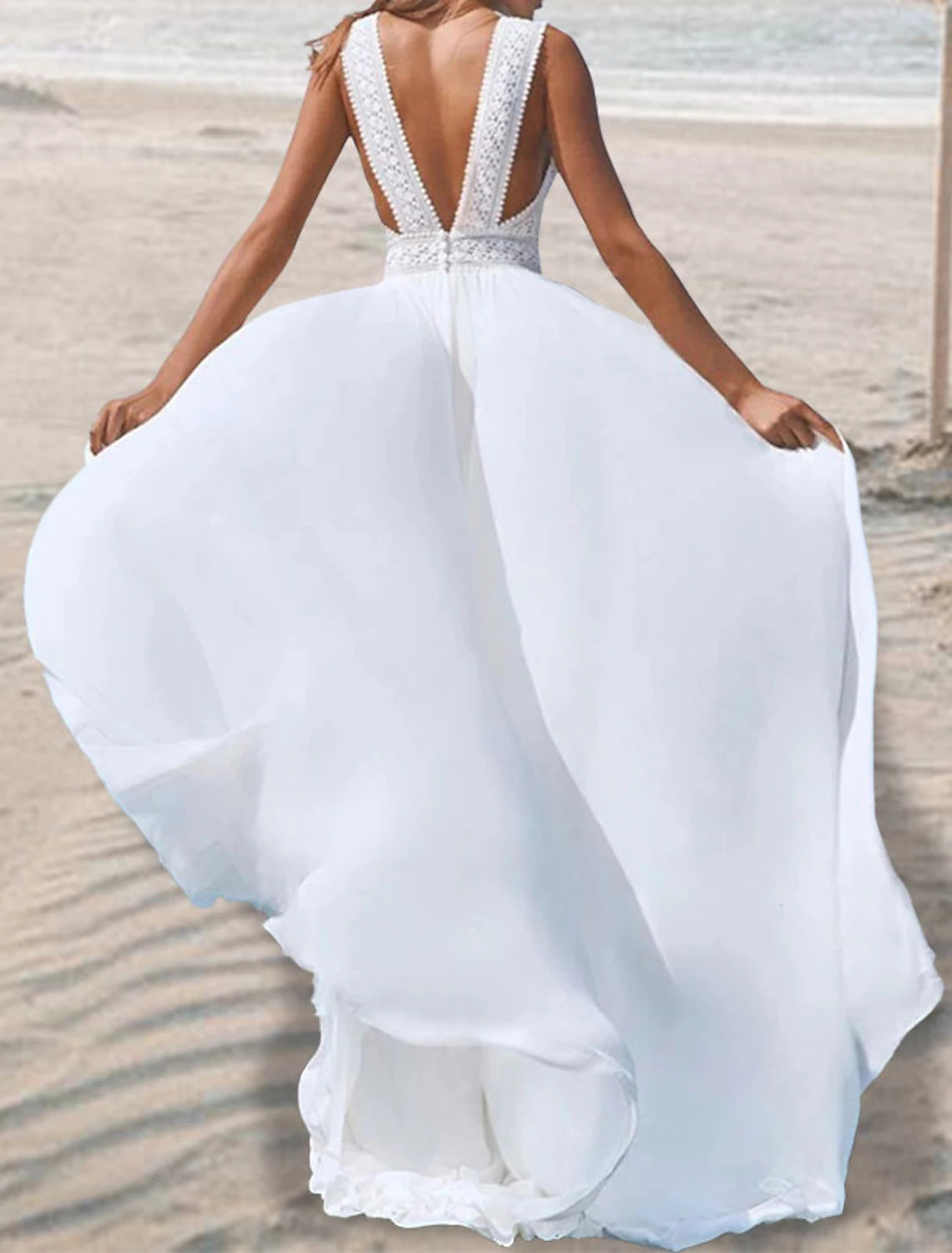 Beach Open Back Boho Wedding Dresses A-Line V Neck Sleeveless Floor Length Chiffon Bridal Gowns With