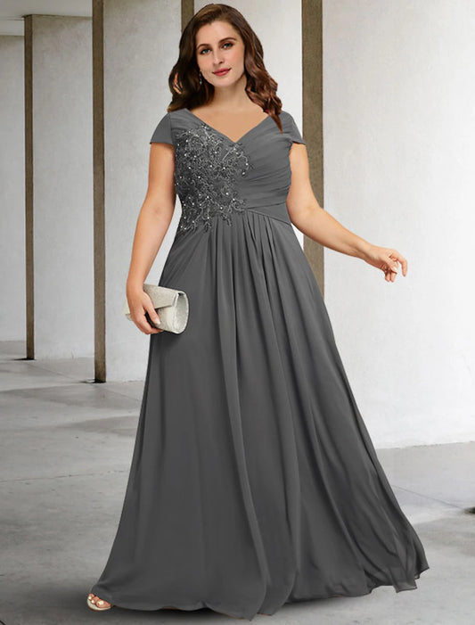 A-Line Plus Size Curve Mother of the Bride Dresses Elegant Dress Formal Floor Length Short Sleeve V Neck Chiffon with Pleats Sequin Appliques