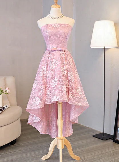 Cute A-Line Pink High Low Lace Scoop Homecoming Dress Pink Short Prom Dress