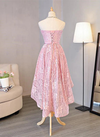 Cute A-Line Pink High Low Lace Scoop Homecoming Dress Pink Short Prom Dress