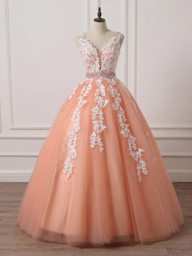 Gorgeous Coral Tulle High Quality V-neck Lace Appliques Beads Party Dress Long Formal Dress