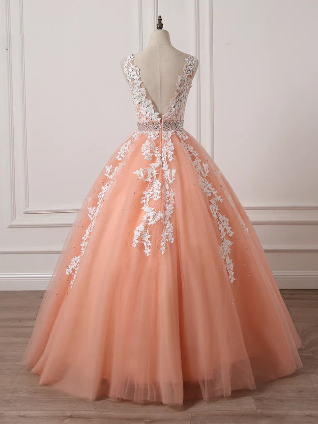 Gorgeous Coral Tulle High Quality V-neck Lace Appliques Beads Party Dress Long Formal Dress