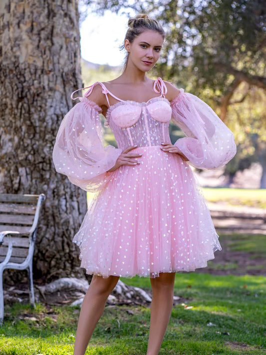 Cute A-Line Corset Glitter Hearts Above Knee Length Tulle Dress