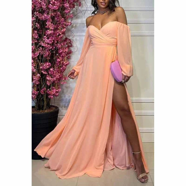 Long Sleeve Bridesmaid Dresses Chiffon Sweetheart Off Shoulder Formal Evening Dresses with Slit