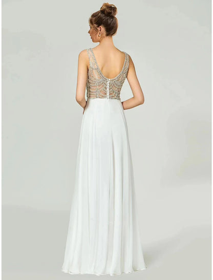 A-Line Evening Gown Open Back Dress Formal Floor Length Sleeveless V Neck Chiffon with Rhinestone