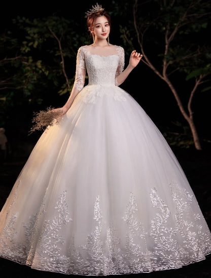 Reception Formal Wedding Dresses Ball Gown Illusion Neck Half Sleeve Floor Length Lace Bridal Gowns With Appliques Summer Wedding Party