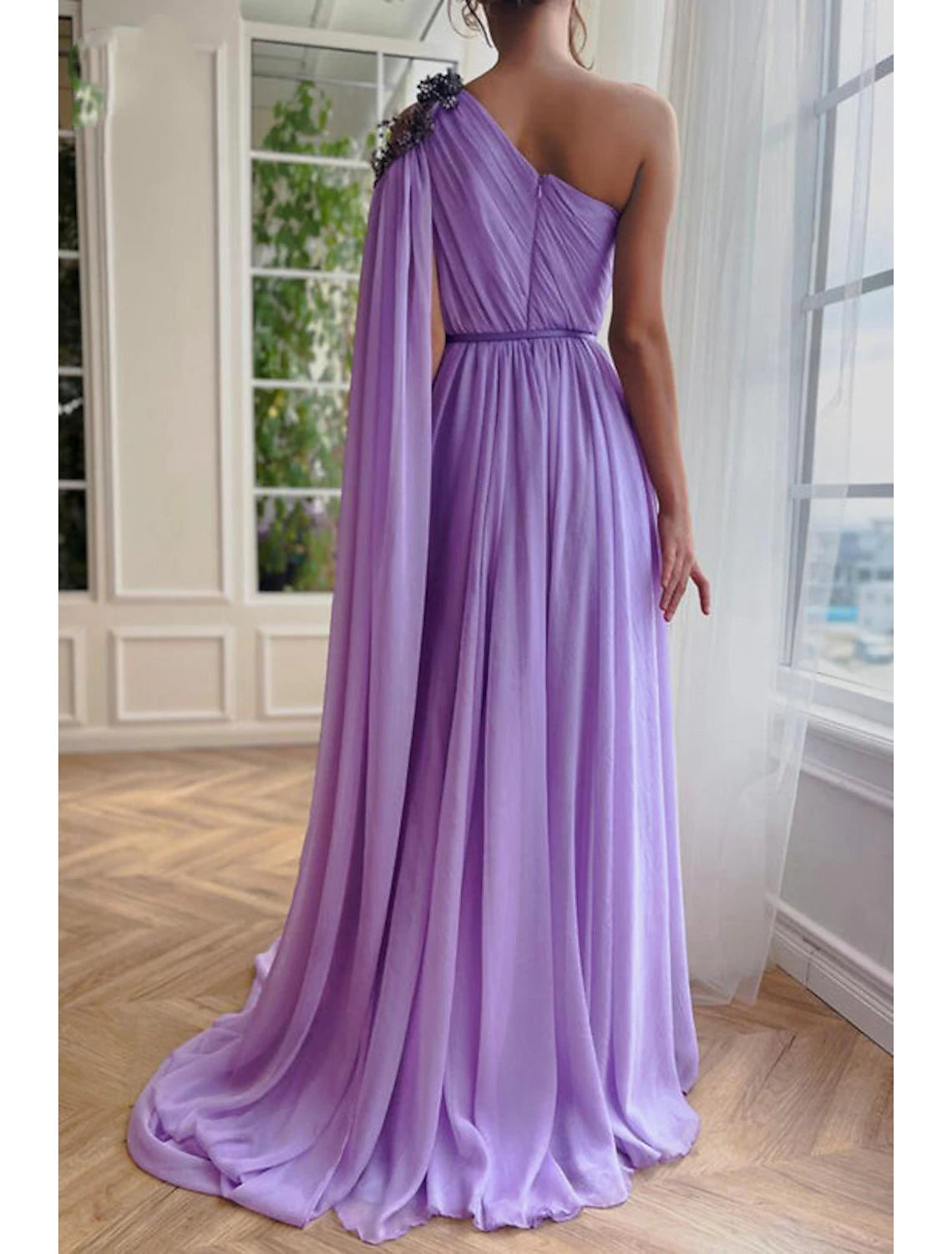 A-Line Evening Gown Elegant Dress Formal Wedding Guest Sweep / Brush Train Sleeveless One Shoulder Capes Chiffon with Slit Shawl