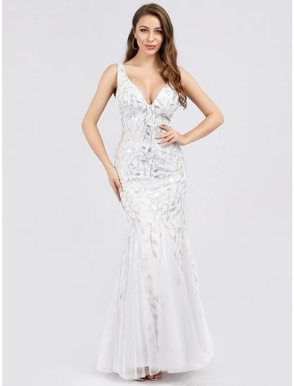 Mermaid / Trumpet Sparkle Sexy Prom Formal Evening Valentine‘s Day Dress V Neck V Back Sleeveless Floor Length Tulle with Sequin Appliques