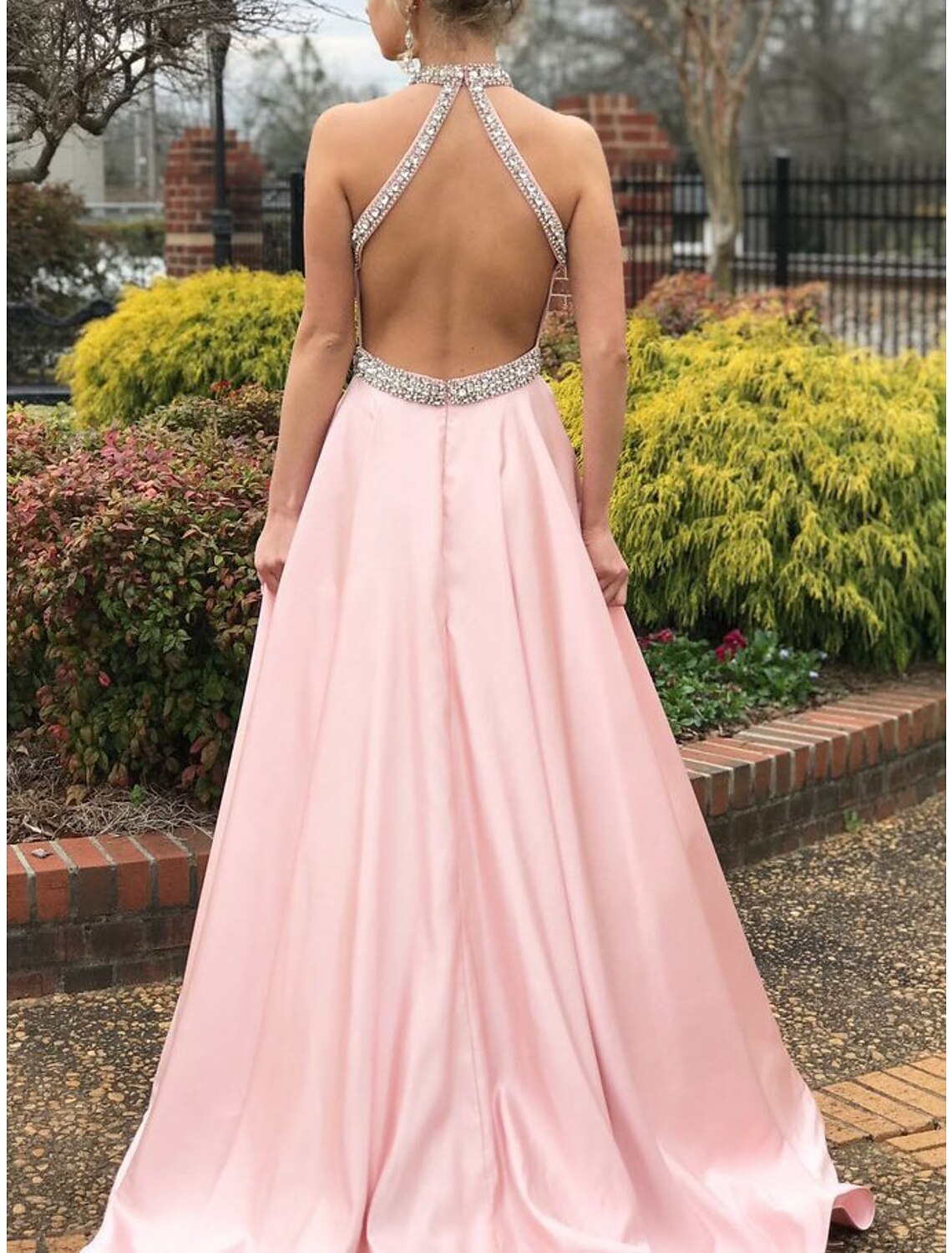 A-Line Prom Dresses Beautiful Back Dress Wedding Guest Engagement Sweep / Brush Train Sleeveless Halter Neck Satin with Beading