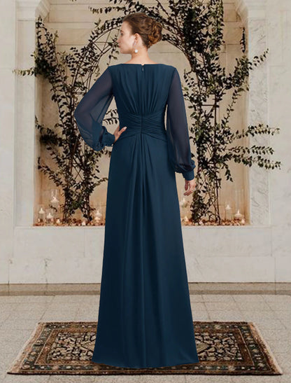 A-Line Mother of the Bride Dress Wedding Guest Plus Size Elegant V Neck Floor Length Chiffon Long Sleeve with Ruched Ruffles Side-Draped Fall