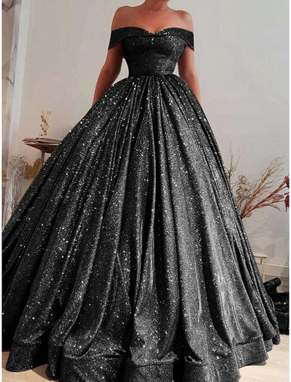 A-Line Prom Dresses Sparkle & Shine Dress Black Tie Gala Court Train Short Sleeve Off Shoulder Sequined with Glitter Pleats