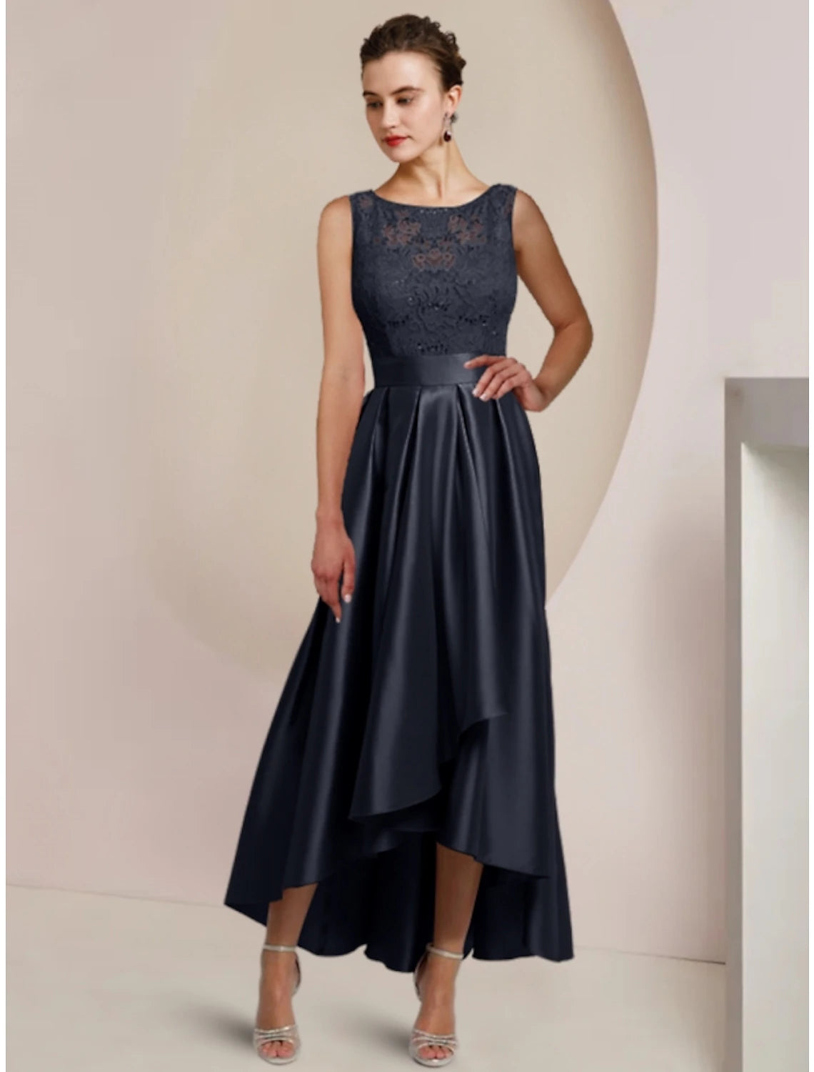 Sheath / Column Mother of the Bride Dress Wedding Guest Minimalist Elegant Scoop Neck Asymmetrical Ankle Length Satin Lace Half Sleeve with Pleats Solid Color