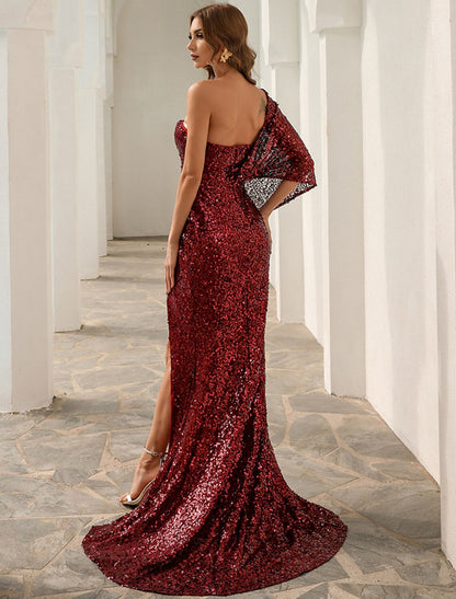 A-Line Evening Gown Sparkle & Shine Dress Formal Wedding Court Train Sleeveless One Shoulder Polyester with Sequin Slit