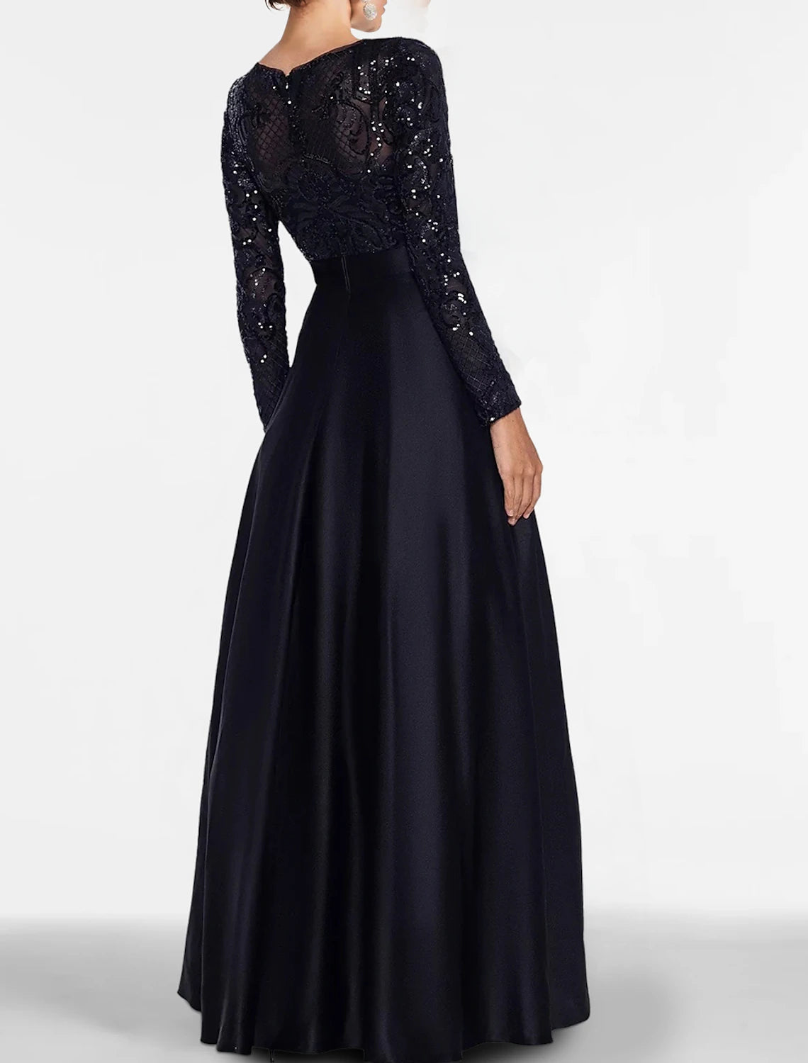 A-Line Evening Gown Elegant Dress Formal Black Tie Floor Length Long Sleeve Off Shoulder Fall Wedding Guest Satin with Slit Pocket