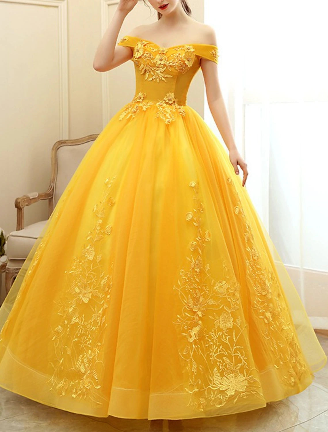 Ball Gown Quinceanera Dresses Princess Dress Floor Length Sleeveless Off Shoulder Polyester with Appliques