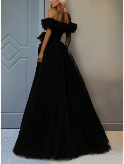 A-Line Prom Dresses Tiered Plisse Dress Wedding Party Sweep / Brush Train Short Sleeve Off Shoulder Tulle with Ruched Slit