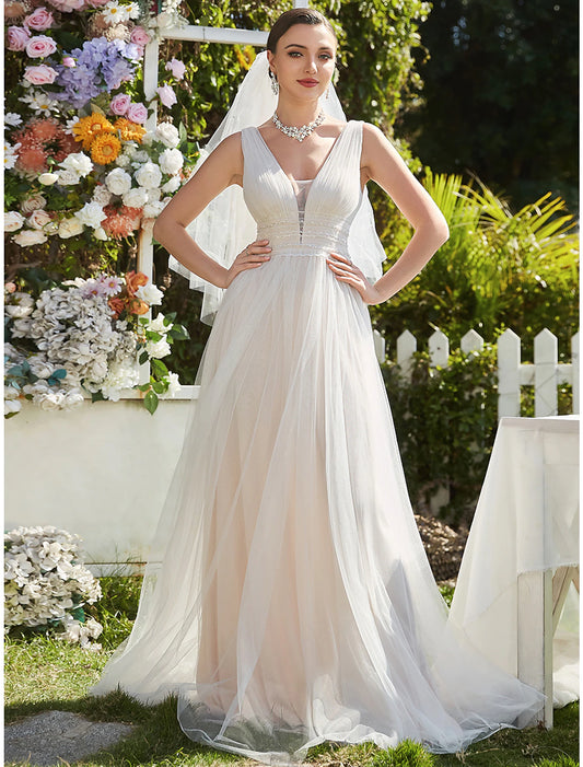 Reception Casual Wedding Dresses A-Line V Neck Sleeveless Sweep / Brush Train Tulle Bridal Gowns With Lace Embroidery Summer Wedding Party