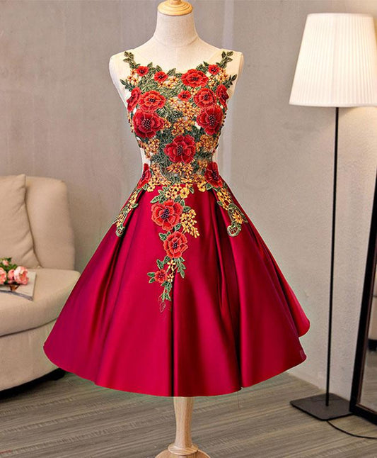 Cute Red Satin with Embroidery Knee Length Homecoming Dress, Short Party Dress