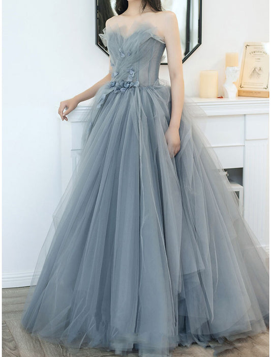 A-Line Prom Dresses Cute Dress Engagement Prom Sweep / Brush Train Sleeveless Strapless Tulle with Appliques Pure Color