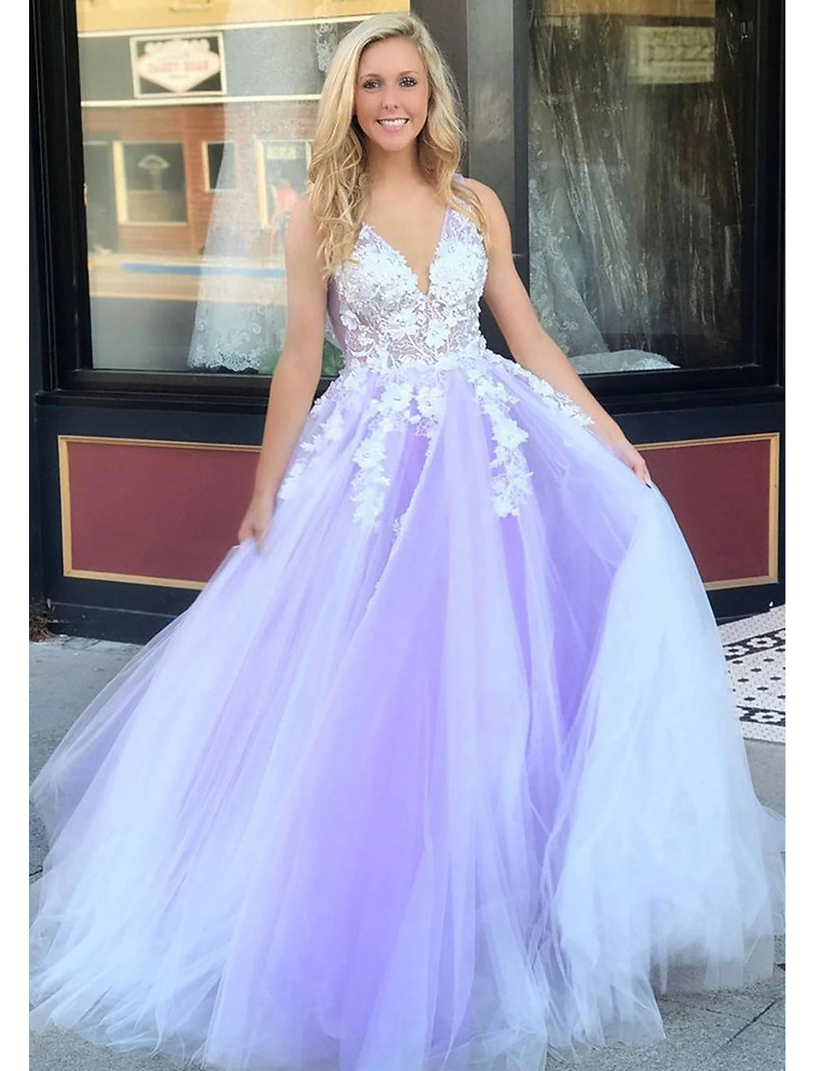 Ball Gown A-Line Prom Dresses Color Block Dress Formal Prom Floor Length Sleeveless V Neck Tulle Backless V Back with Beading Appliques