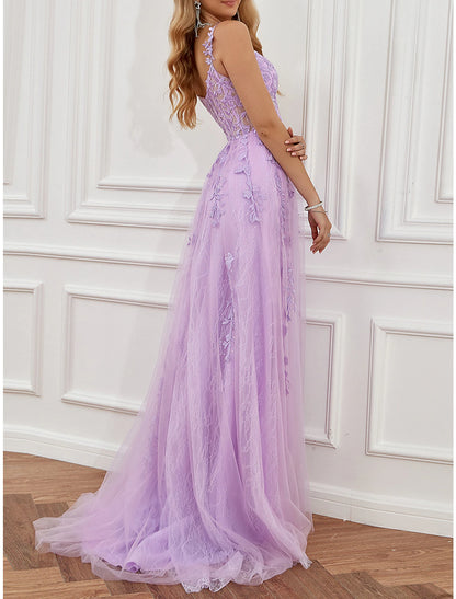 A-Line Prom Party Dress See Through Dress Formal Prom Sweep / Brush Train Sleeveless Sweetheart Tulle Backless with Beading Slit Appliques