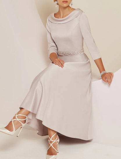 A-Line Mother of the Bride Dress Wedding Guest Vintage Plus Size Elegant Bateau Neck Tea Length Satin 3/4 Length Sleeve with Beading