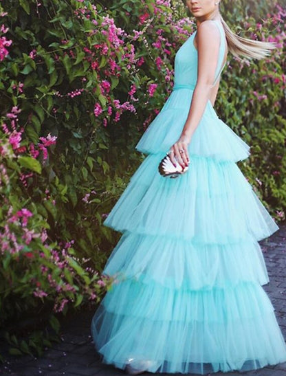 A-Line Prom Dresses Tiered Plisse Dress Party Wear Wedding Party Chapel Train Sleeveless V Neck Tulle with Pleats