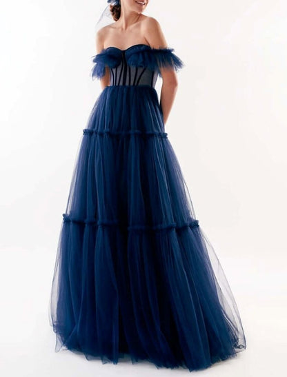 A-Line Prom Dresses Elegant Dress Wedding Guest Prom Floor Length Short Sleeve Off Shoulder Tulle with Pleats Ruffles