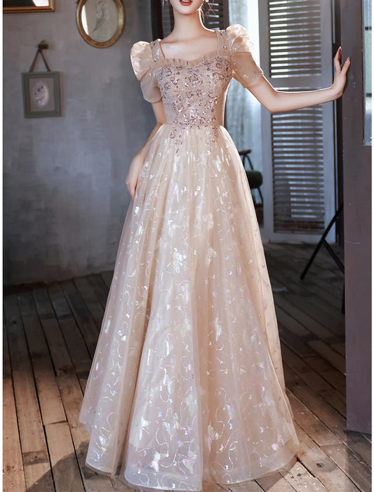 A-Line Prom Dresses Elegant Dress Party Wear Prom Floor Length Half Sleeve Sweetheart Satin with Appliques Strappy