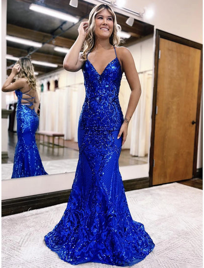 Mermaid / Trumpet Prom Dresses Sparkle & Shine Dress Formal Wedding Party Sweep / Brush Train Sleeveless V Neck Sequined Backless with Glitter Sequin