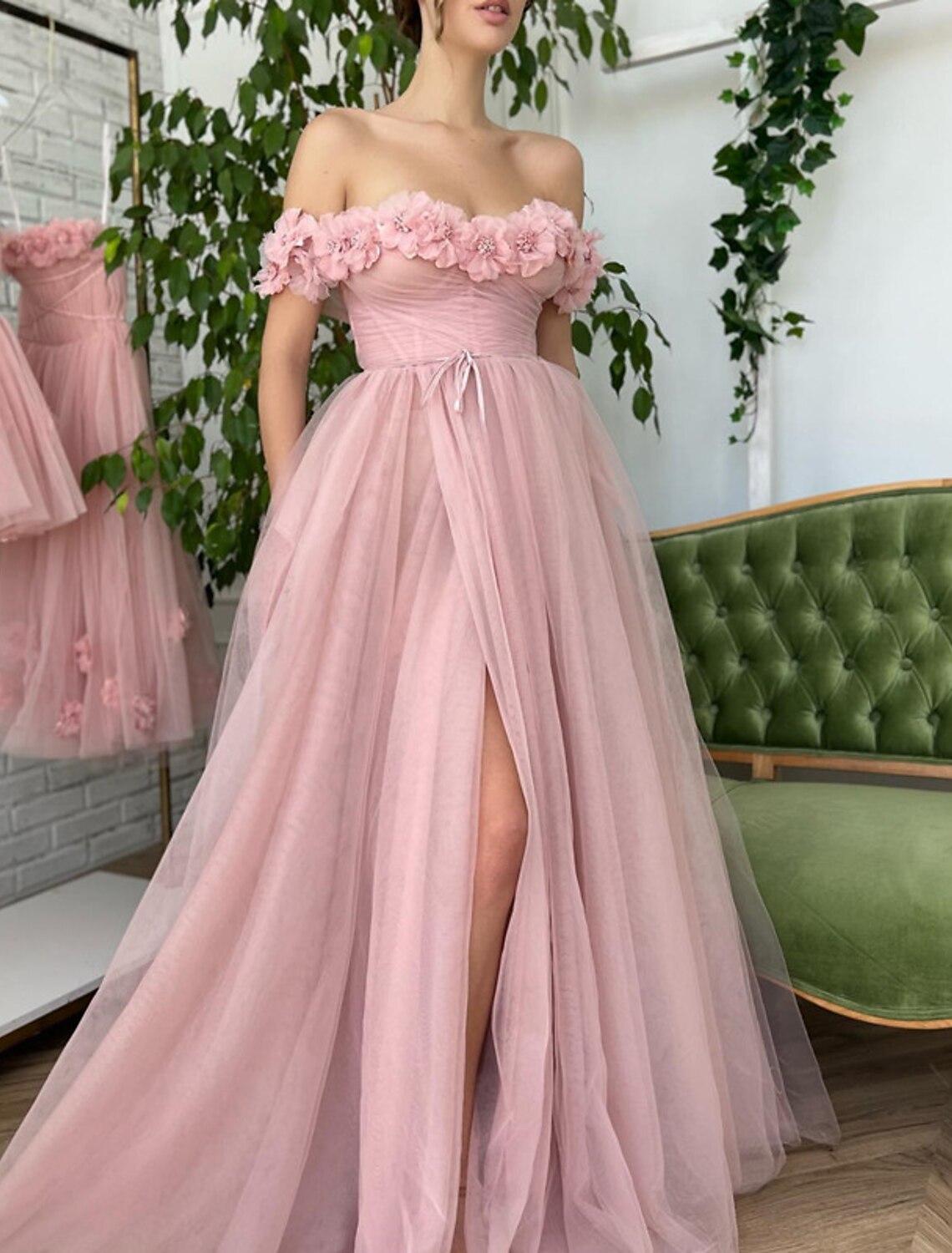 A-Line Prom Dresses Corsets Dress Wedding Guest Birthday Sweep / Brush Train Short Sleeve Off Shoulder Tulle with Slit Appliques