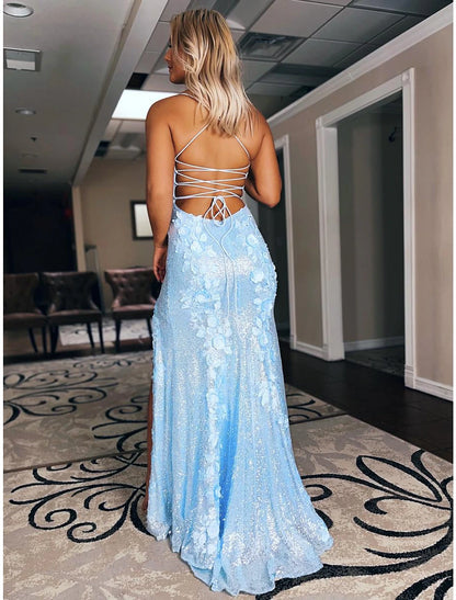 Mermaid / Trumpet Evening Gown Sparkle & Shine Dress Formal Prom Sweep / Brush Train Sleeveless Spaghetti Strap Sequined Backless with Sequin Appliques