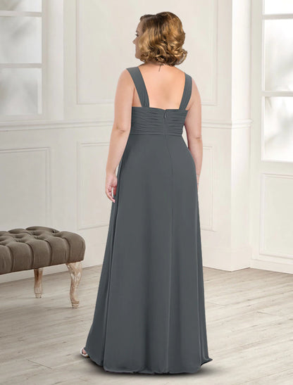 Two Piece A-Line Mother of the Bride Dress Fall Wedding Guest Dresses Plus Size Elegant Square Neck Floor Length Chiffon Sleeveless Jacket Dresses with Pleats