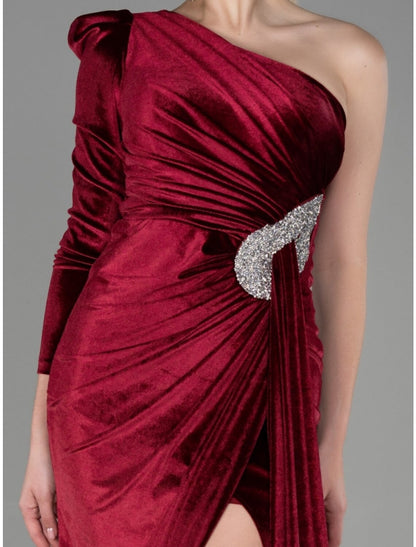 A-Line Evening Gown Christmas Elegant Dress Formal Sweep / Brush Train Long Sleeve One Shoulder Velvet with Glitter Pleats Ruched