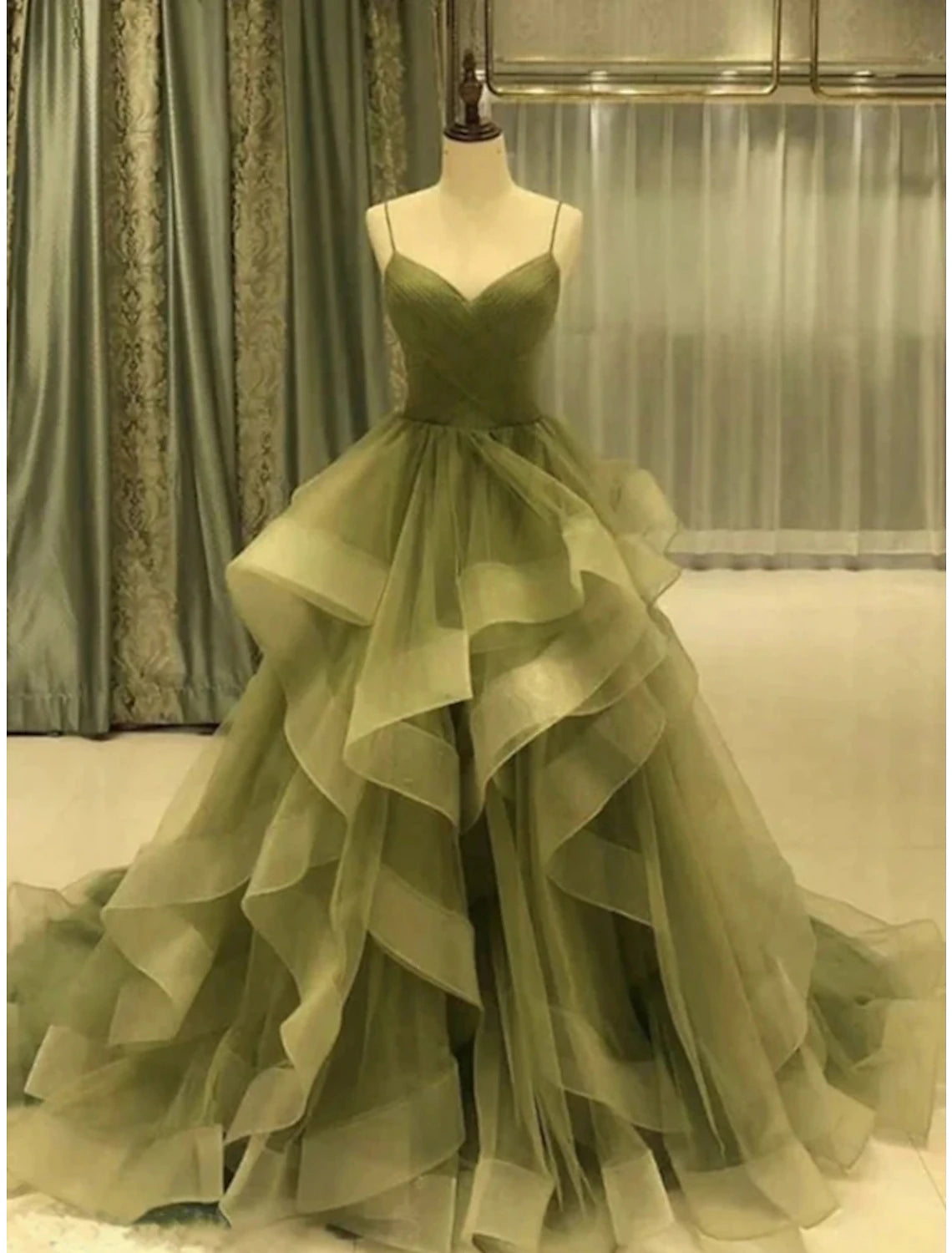 A-Line Prom Dresses Elegant Dress Formal Court Train Red Green Dress Sleeveless Spaghetti Strap Tulle with Pleats Ruffles