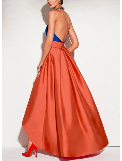 A-Line Prom Dresses Color Block Dress Wedding Guest Formal Evening Asymmetrical Sleeveless Halter Neck Satin with Pleats