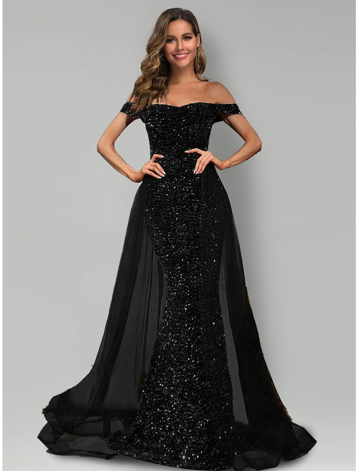 Mermaid / Trumpet Evening Gown Sparkle & Shine Dress Formal Black Tie Sweep / Brush Train Sleeveless Off Shoulder Tulle with Sequin