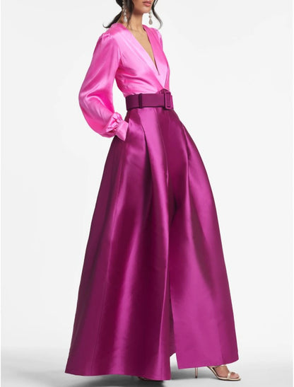 Elegant A-Line Evening Gown Party Dress Formal Wedding Guest Floor Length Long Sleeve V Neck Belt / Sash Satin with Pleats