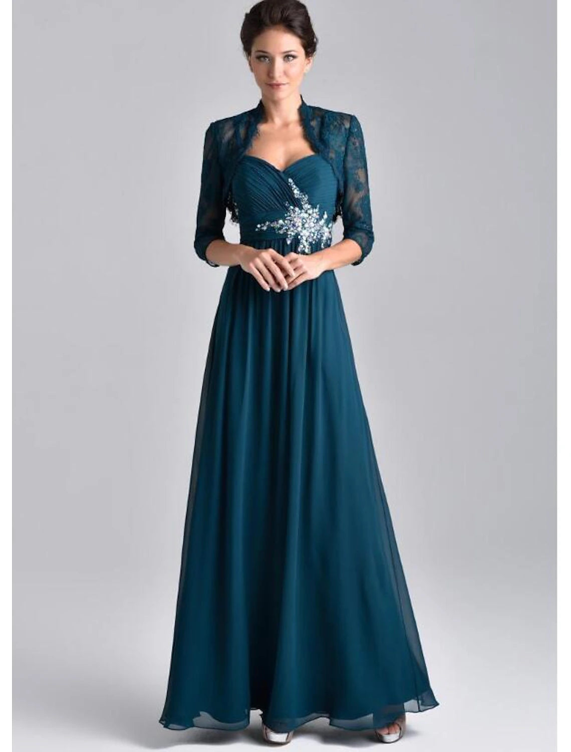 Two Piece A-Line Mother of the Bride Dress Elegant Spaghetti Strap Floor Length Chiffon Lace 3/4 Length Sleeve Wrap Included with Embroidery