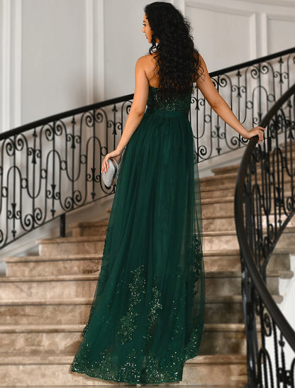 Mermaid Prom Dresses Emerald Green Dress Christmas Red Green Dress Wedding Guest Court Train Sleeveless Strapless Tulle with Slit Appliques