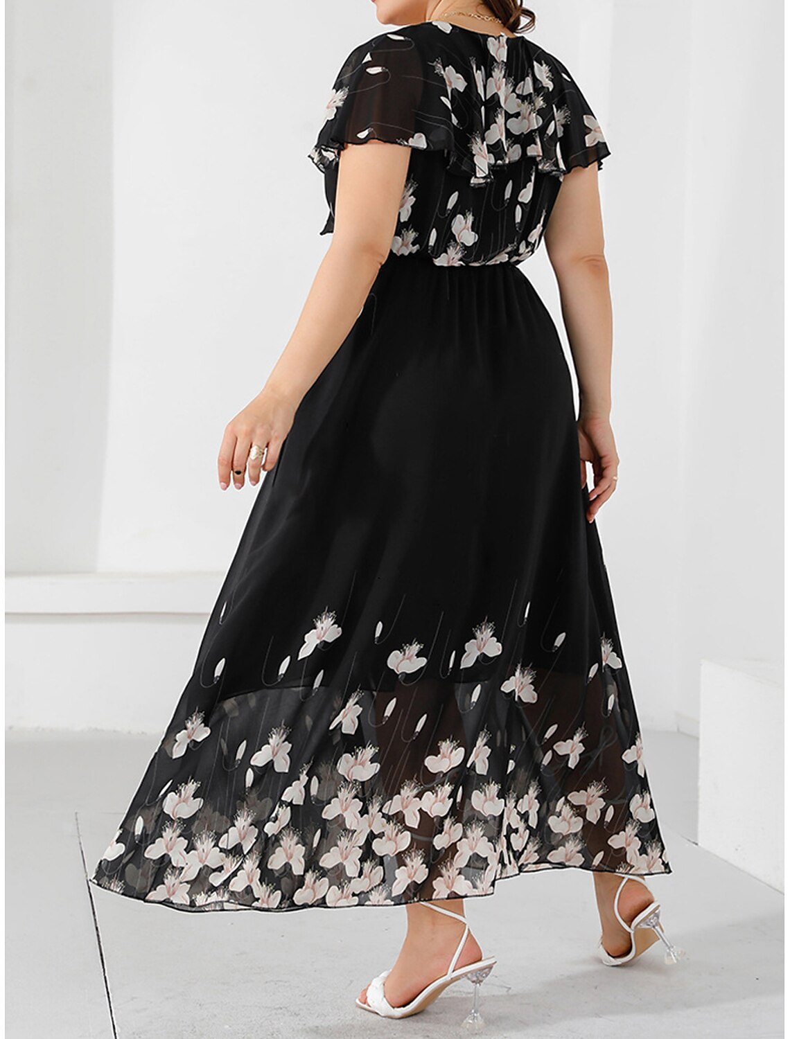 Women's Plus Size Prom Dress Party Dress Wedding Guest Dress Long Dress Maxi Dress Black Short Sleeve Floral Print Summer Spring Fall V Neck Elegant Wedding Guest Birthday Evening Party