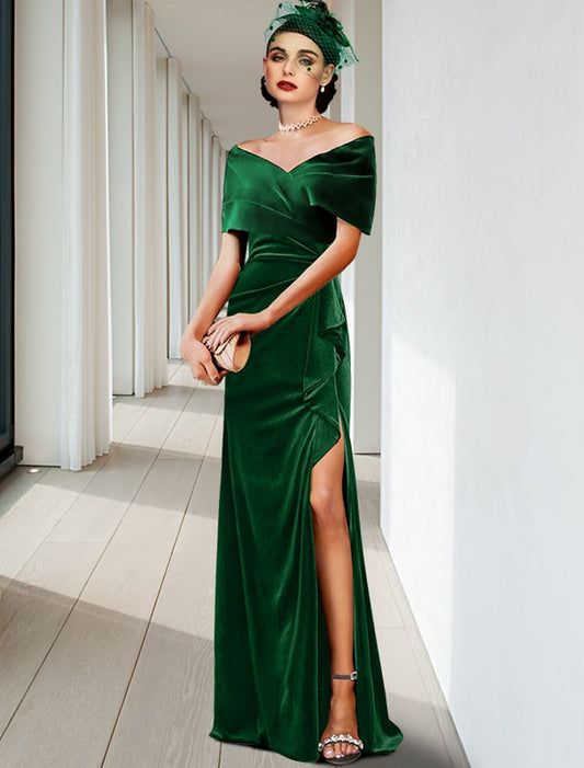 Sheath / Column Evening Gown Elegant Dress Wedding Guest Floor Length Sleeveless V Neck Velvet with Pleats Ruffles