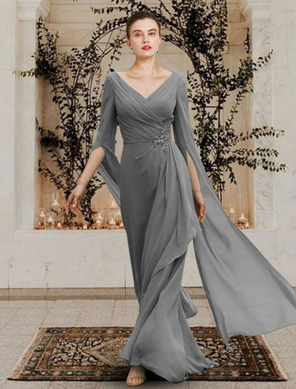 Sheath / Column Mother of the Bride Dress Elegant V Neck Floor Length Chiffon Half Sleeve with Beading Side-Draped