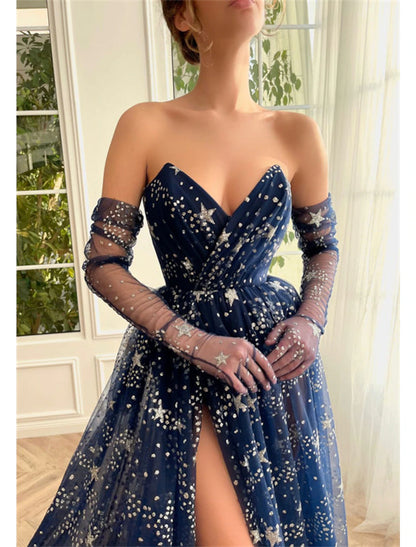 A-Line Prom Dresses Sparkle & Shine Dress Wedding Guest Birthday Sweep / Brush Train Long Sleeve Strapless Tulle with Sequin Slit