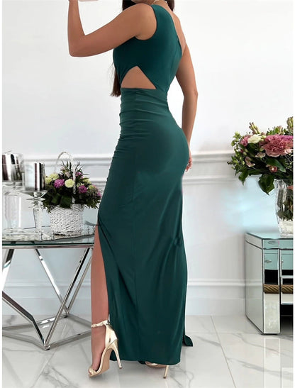 Women‘s Prom Dress Wedding Guest Party Dress Homecoming Dress Formal Dress Long Dress Maxi Dress Pink Red Green Sleeveless Pure Color Backless Summer Spring Fall One Shoulder Party Evening