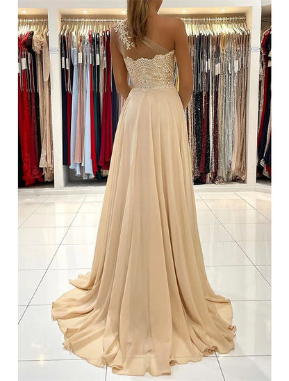 A-Line Prom Dresses Sexy Dress Formal Wedding Guest Court Train Sleeveless One Shoulder Chiffon with Slit Appliques