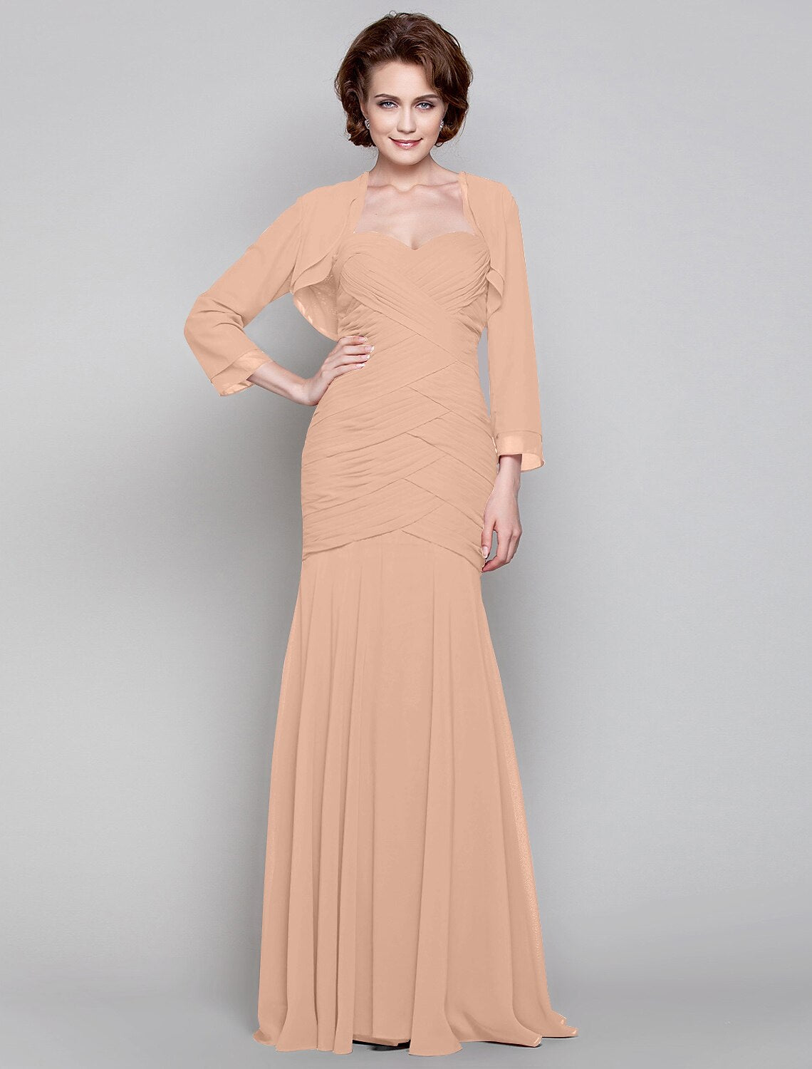 Mermaid / Trumpet Mother of the Bride Dress Two Piece Sweetheart Floor Length Chiffon Long Sleeve with Criss Cross