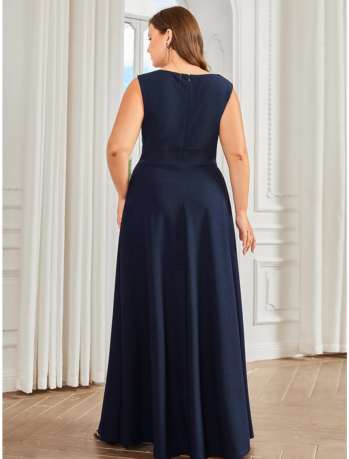 A-Line Evening Gown Plus Size Dress Formal Floor Length Sleeveless Jewel Neck Polyester with Draping Appliques Pure Color