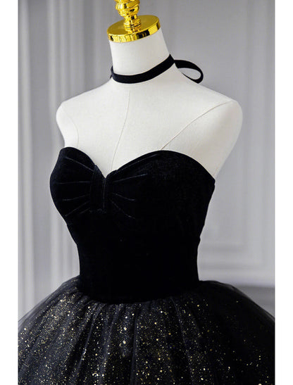 A-Line Prom Dresses Black Dress Dress Formal Birthday Floor Length Sleeveless Strapless Tulle with Ruched Sequin